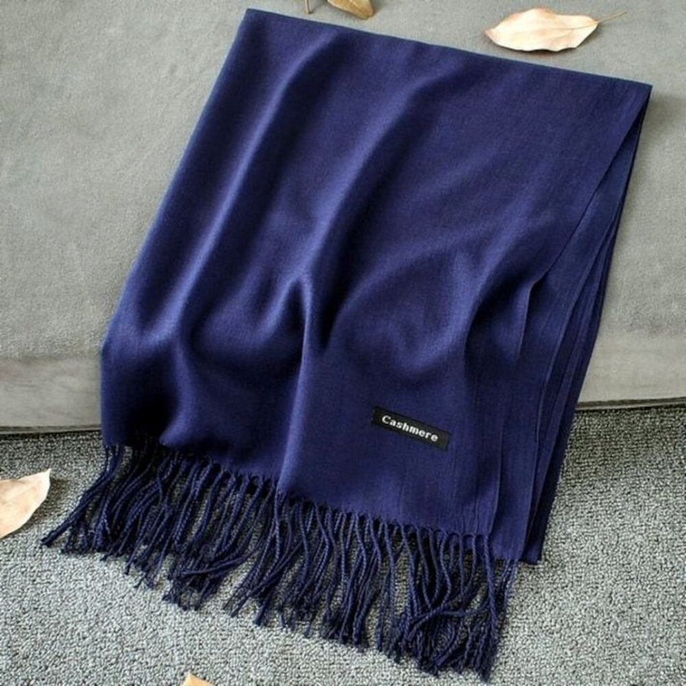 Luxurious Navy-Blue Cashmere Scarf 74" With Fringed Edges - Picture 2 of 8